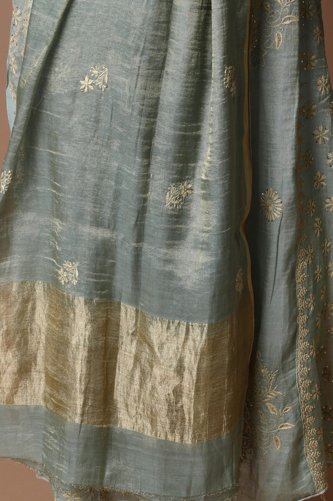 Ada Hand Embroidered Pickle Green Tissue Lucknowi Chikankari Semi-stitched Kurta Dupatta Set With Muqaish Work 01A189051