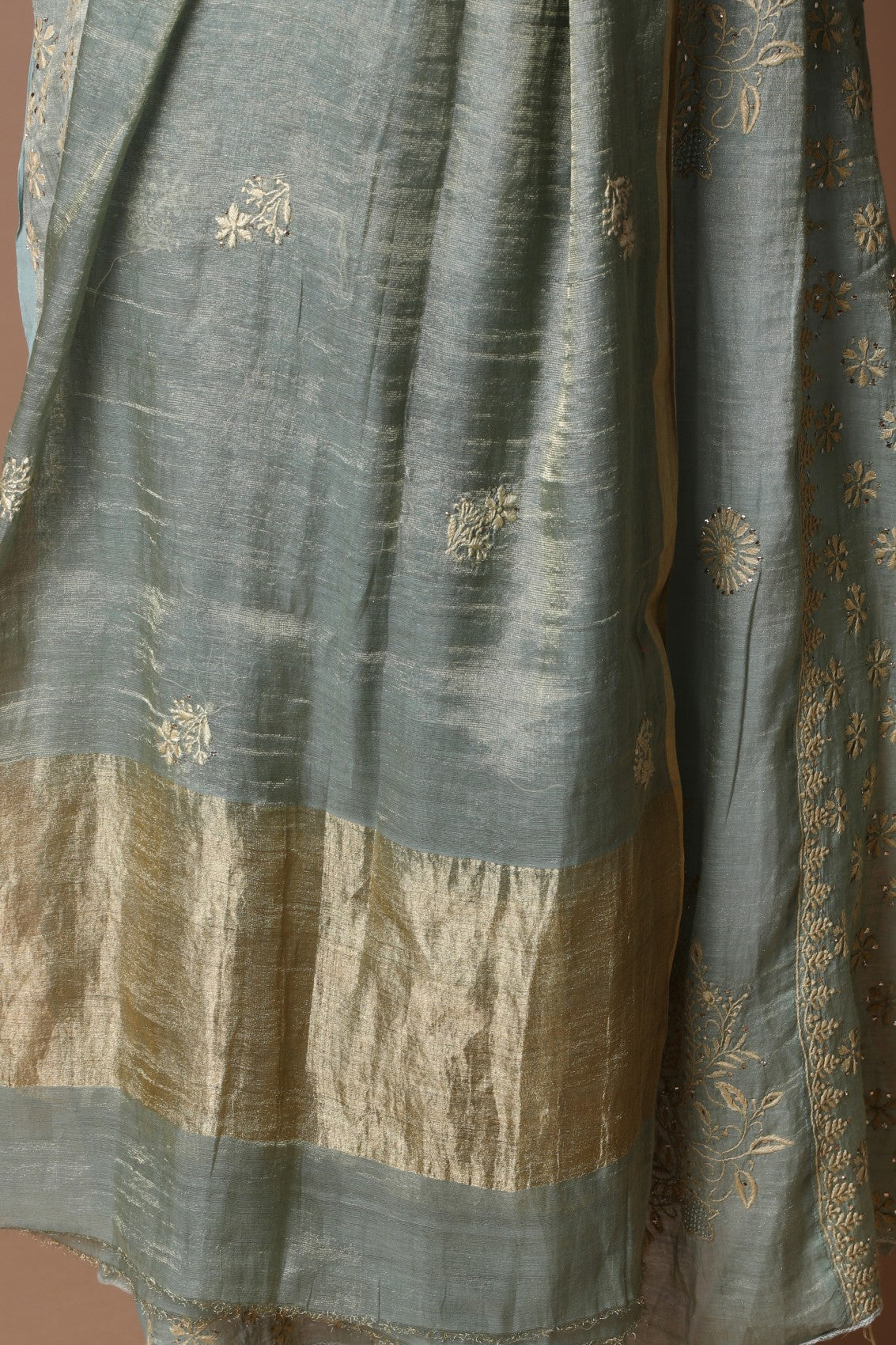 Ada Hand Embroidered Pickle Green Tissue Lucknowi Chikankari Semi-stitched Kurta Dupatta Set With Muqaish Work 01A189051
