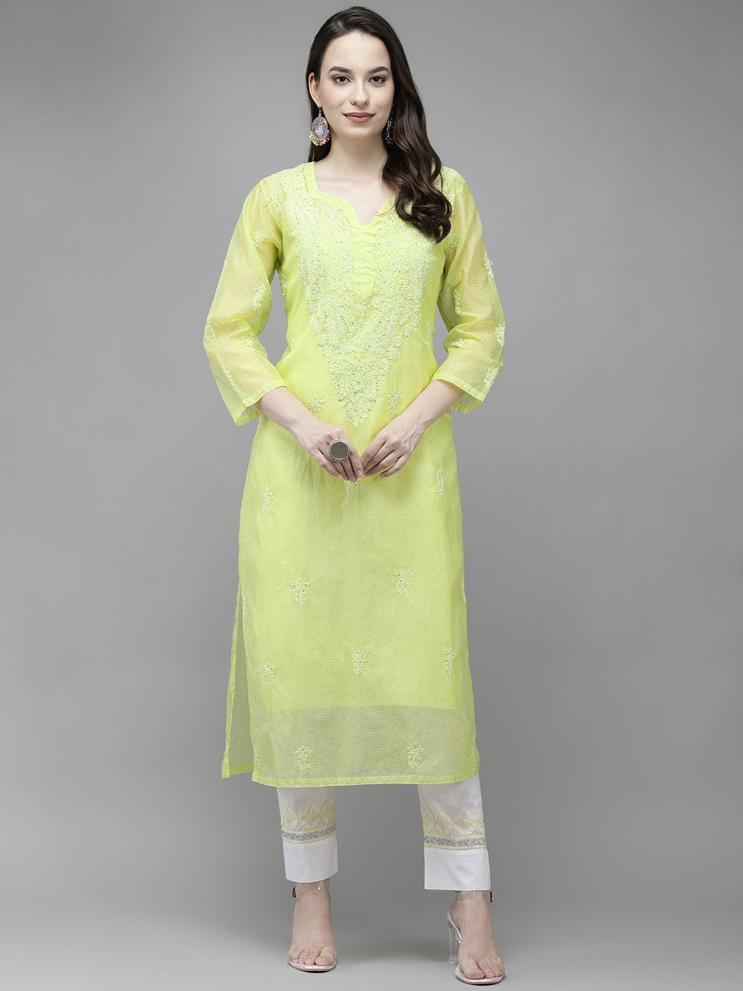 Ada Hand Embroidered Green  Kota Lucknow Chikankari Kurta/Slip With Muqaish Work-A411292