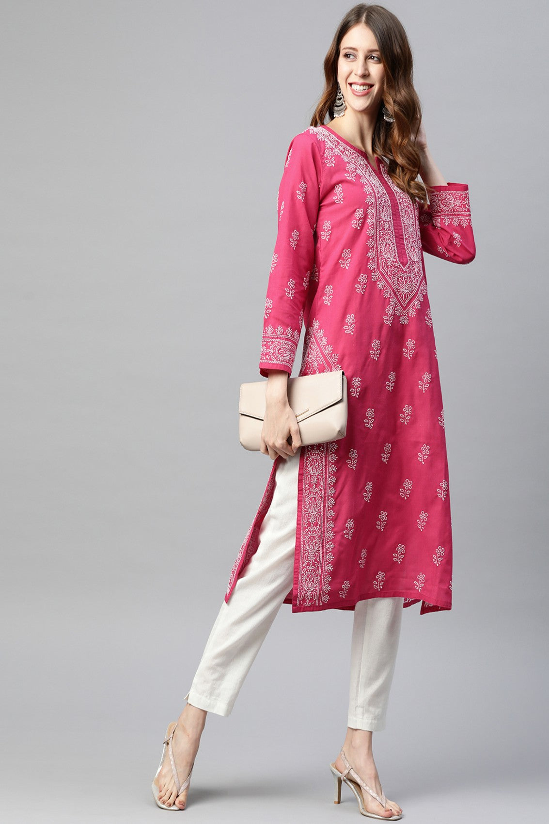 Ada Hand Embroidered Magenta Cotton Lucknowi Chikankari Straight Kurta A220716