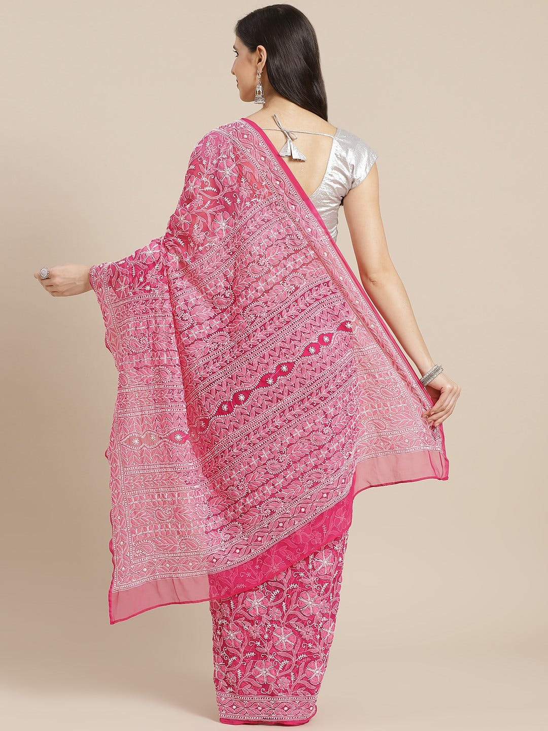 Ada Hand Embroidered Magenta Georgette Lucknow Chikan Saree with Blouse A311307