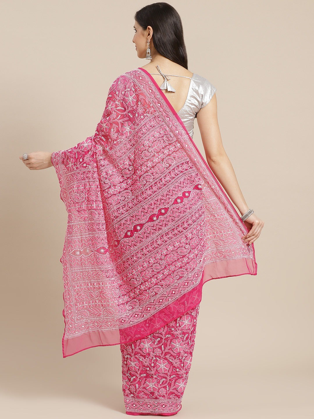 Ada Hand Embroidered Magenta Georgette Lucknow Chikan Saree with Blouse A311307