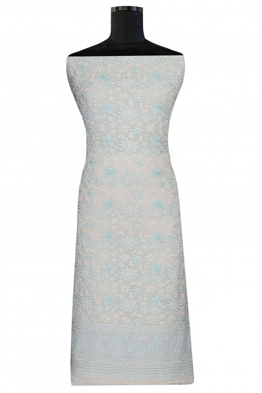 Ada Hand Embroidered Smoke White Pure Georgette Lucknowi Chikan Unstitched Kurta Dupatta–A609242