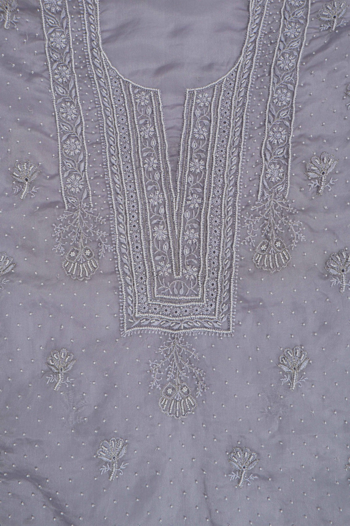 Ada Hand Embroidered Light Grey Organza Lucknowi Chikankari Unstitched Kurta Piece With Pearl Work A581353