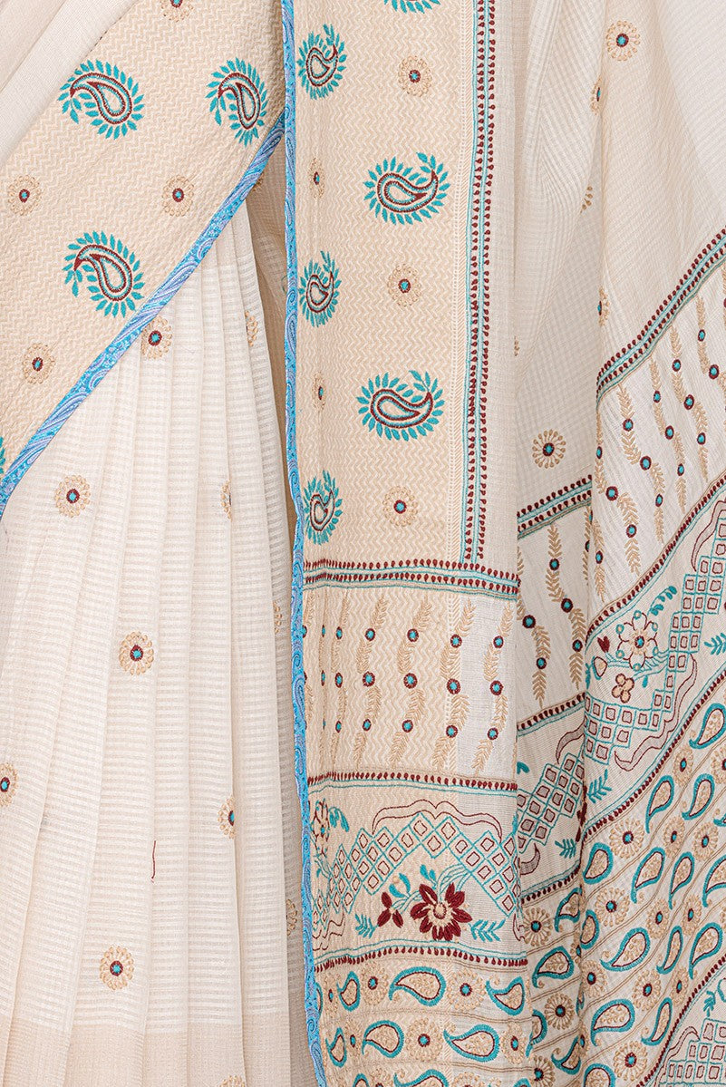 Ada Hand Embroidered Cream Chanderi Lucknowi Chikankari Saree With Blouse- A70603