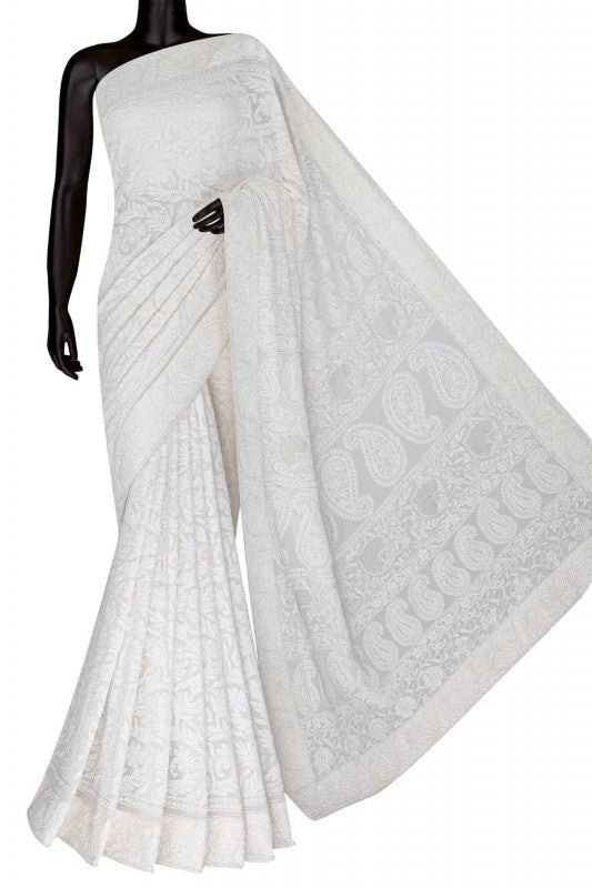 Ada Hand Embroidered White Pure Georgette Lucknow Chikan Saree With Blouse- A594302