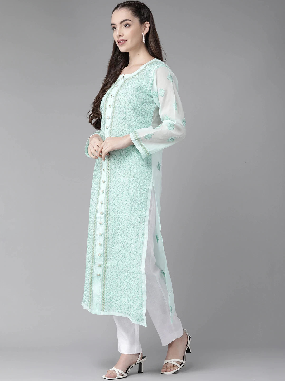 Ada Hand Embroidered Sea Green Cotton Lucknow Chikan Straight Kurta A411245
