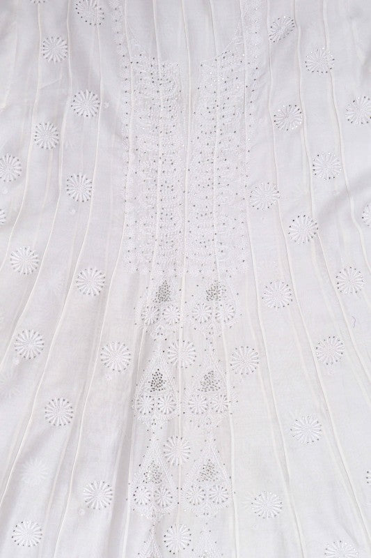 Ada Hand Embroidered White Chanderi Lucknowi Chikankari Semi-Stitched Anarkali Kurta Piece With Muqaish Work A609248