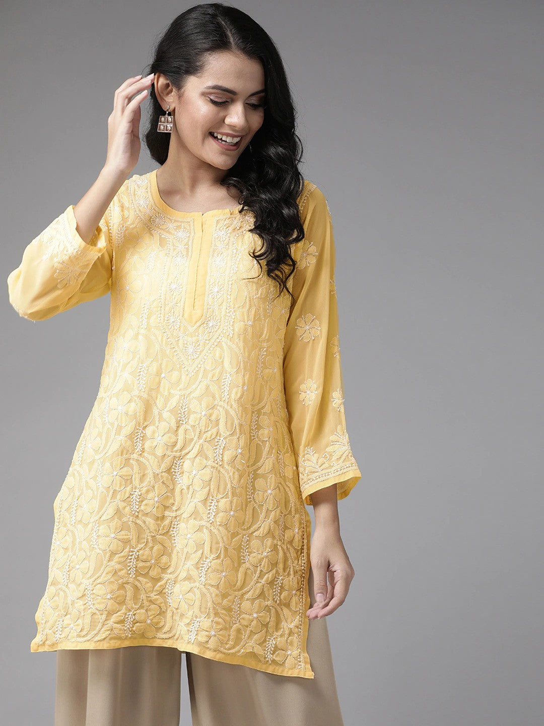 Ada Hand Embroidered Yellow Georgette Lucknowi Chikankari Straight Kurti A911120