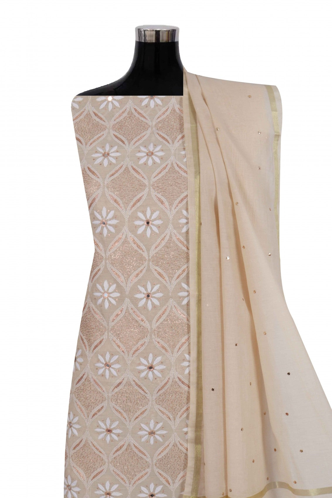 Ada Hand Embroidered Natural Light Fawn Tissue Lucknowi Chikankari Unstitched Suit Piece With Zari Work 01A42153