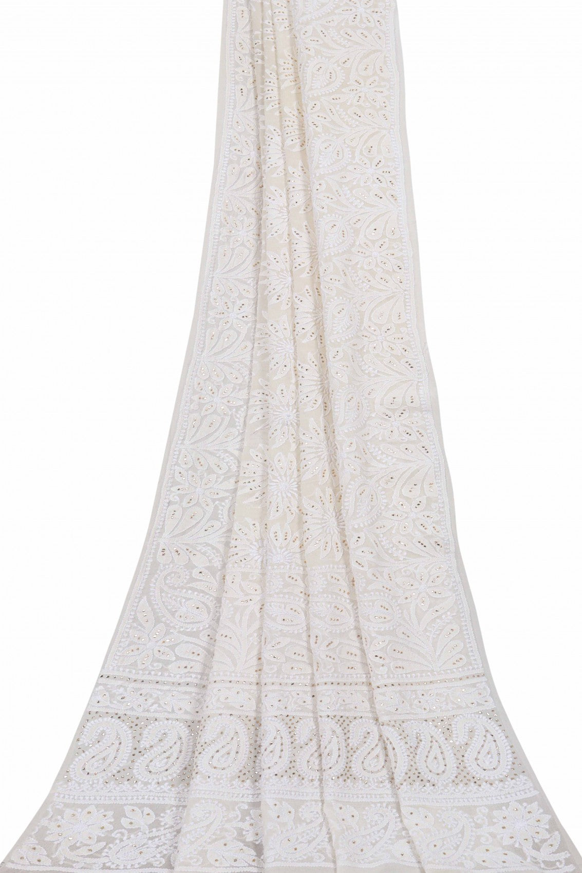 Ada Hand Embroidered White Pure Georgette Lucknowi Chikankari Dupatta With Muqaish Work 01A47078