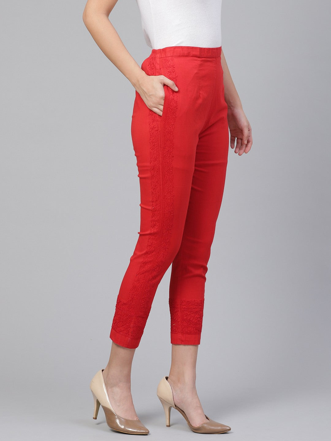 Ada Hand Embroidered Red Cotton Lucknowi Chikankari Trouser A203523