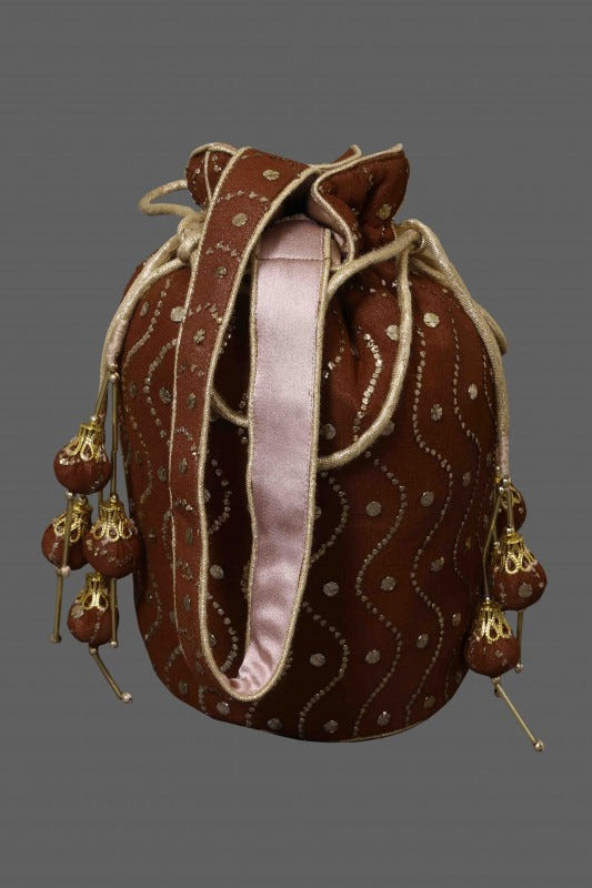 Ada Hand Embroidered Chocolate Brown Pure Georgette Lucknowi Chikankari Potli Bag With Muqaish Work 01A46610