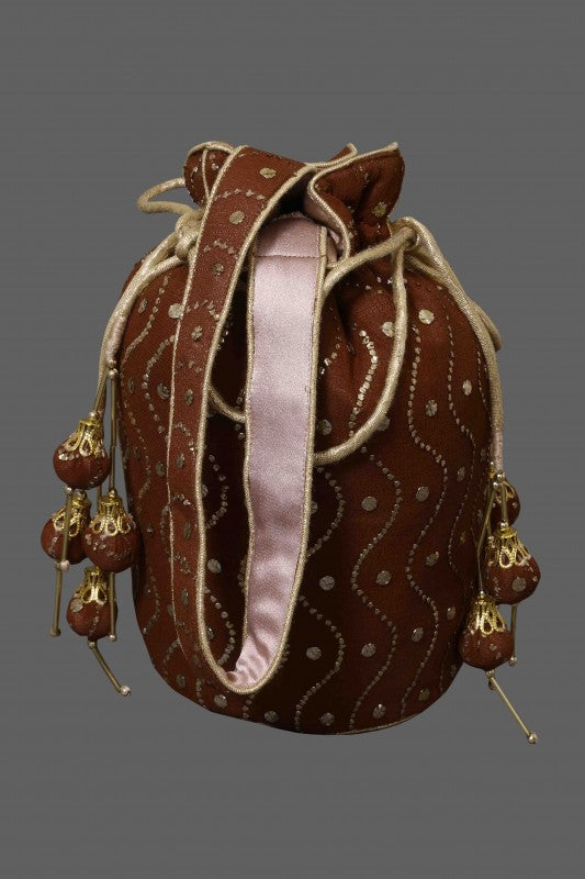 Ada Hand Embroidered Chocolate Brown Pure Georgette Lucknowi Chikankari Potli Bag With Muqaish Work 01A46610