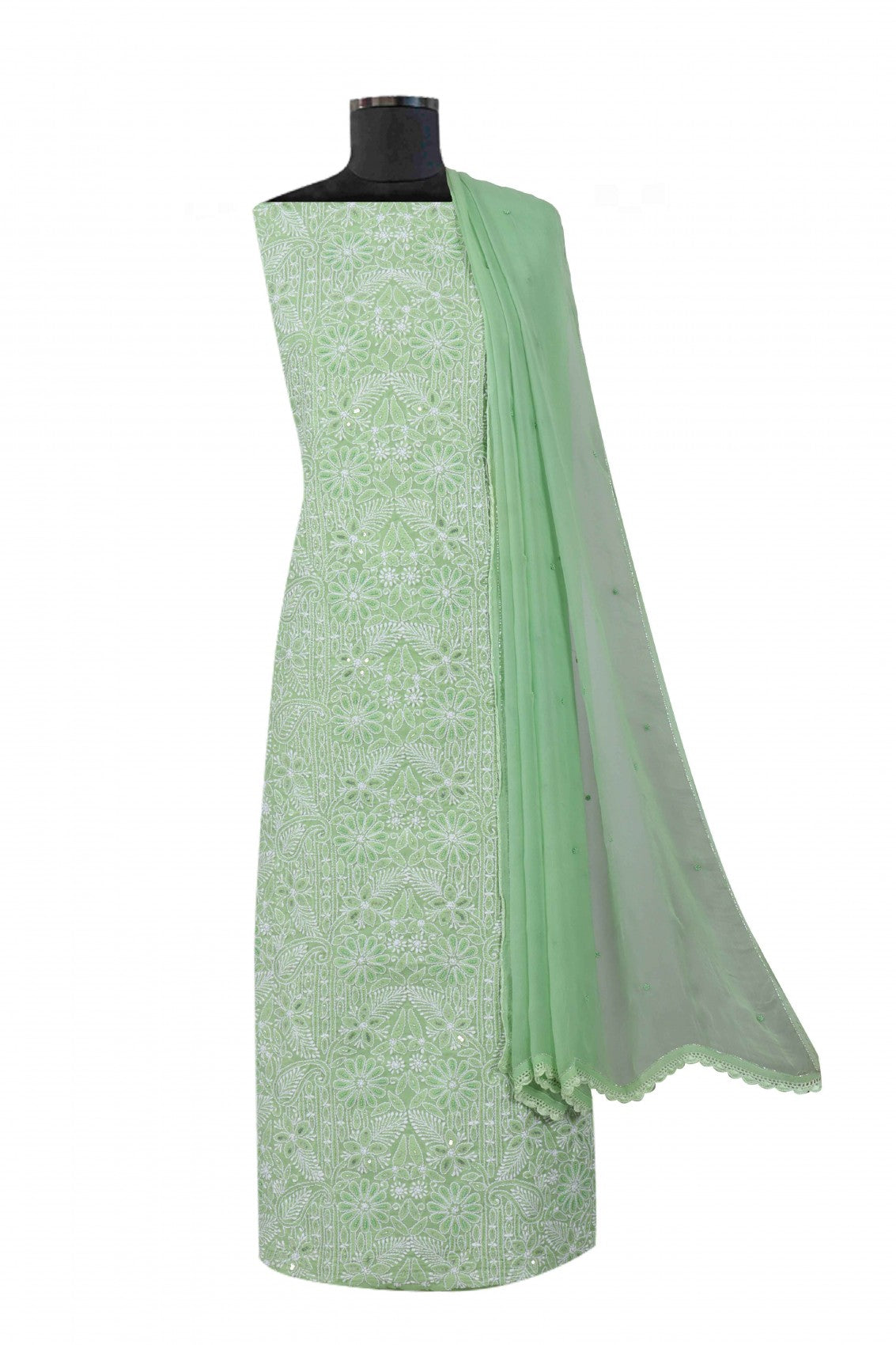 Ada Hand Embroidered Green Cotton Lucknowi Chikankari Unstitched Suit Piece With Pearl Work A620498