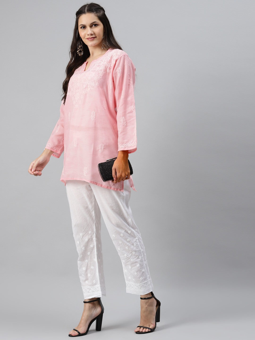Ada Hand Embroidered Pink Cotton Lucknowi Chikan Kurti A509493