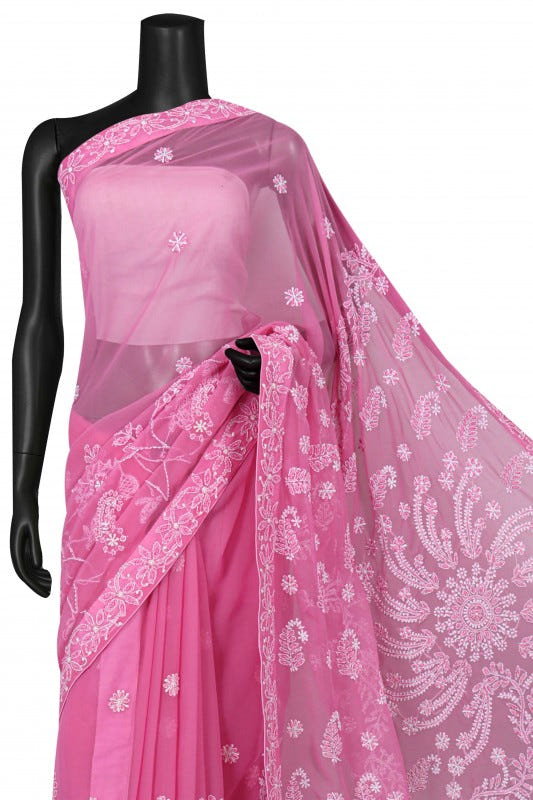 Ada Hand Embroidered Pink Georgette Lucknowi Chikankari Saree/Blouse With Pearl Work A493286