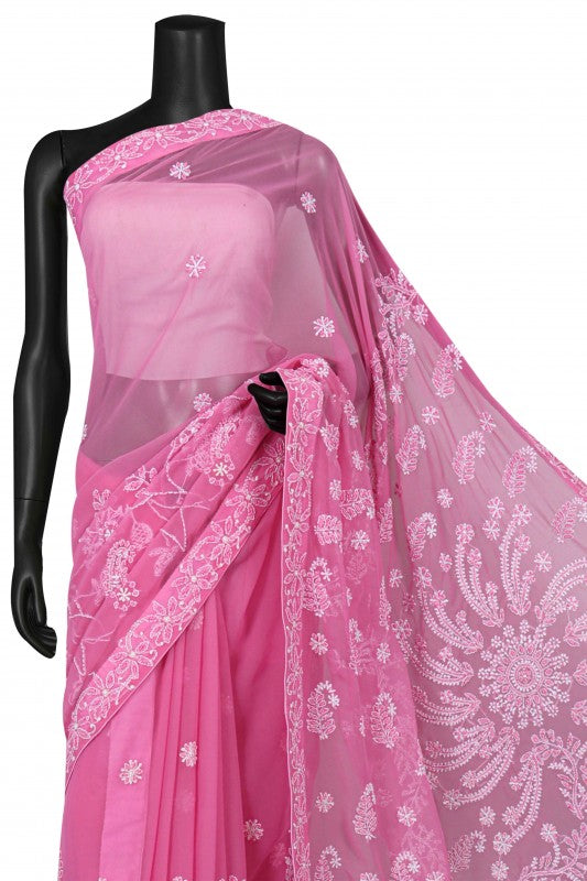 Ada Hand Embroidered Pink Georgette Lucknowi Chikankari Saree/Blouse With Pearl Work A493286