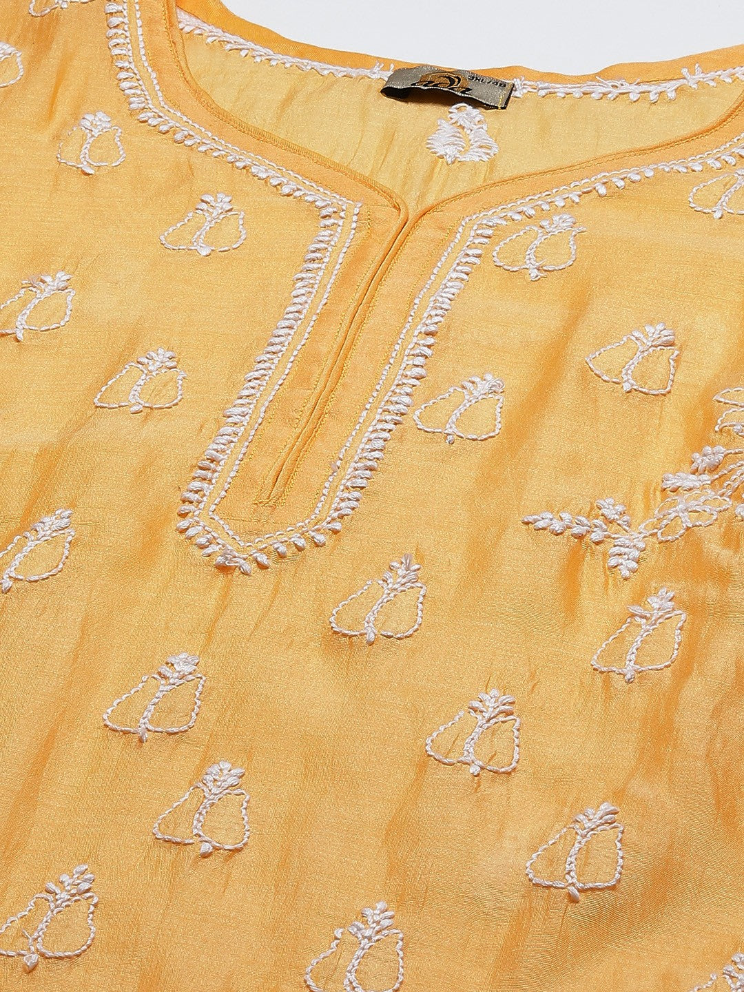 Ada Hand Embroidered Yellow Chanderi Lucknow Chikankari Straight  Kurta A411375