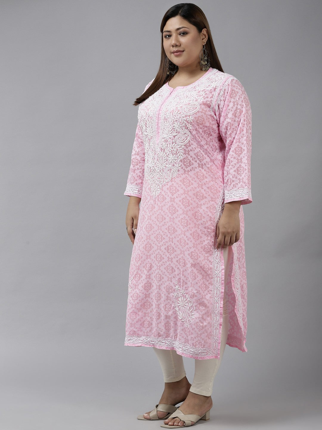 Ada Hand Embroidered Pink Cotton Lucknowi Chikankari Straight Kurta A100108