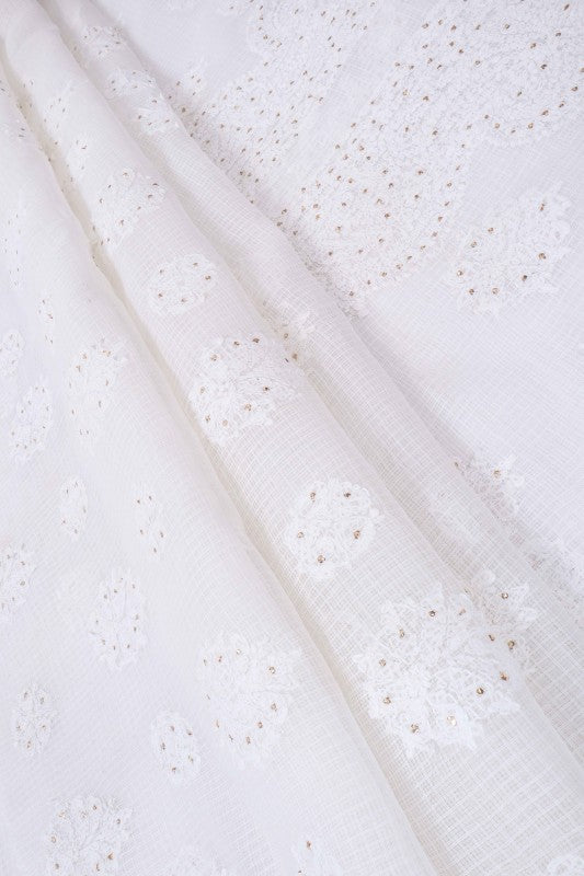 Ada Hand Embroidered White Kota Lucknowi Chikan Unstitched Kurta Piece With Muqaish Work A619161