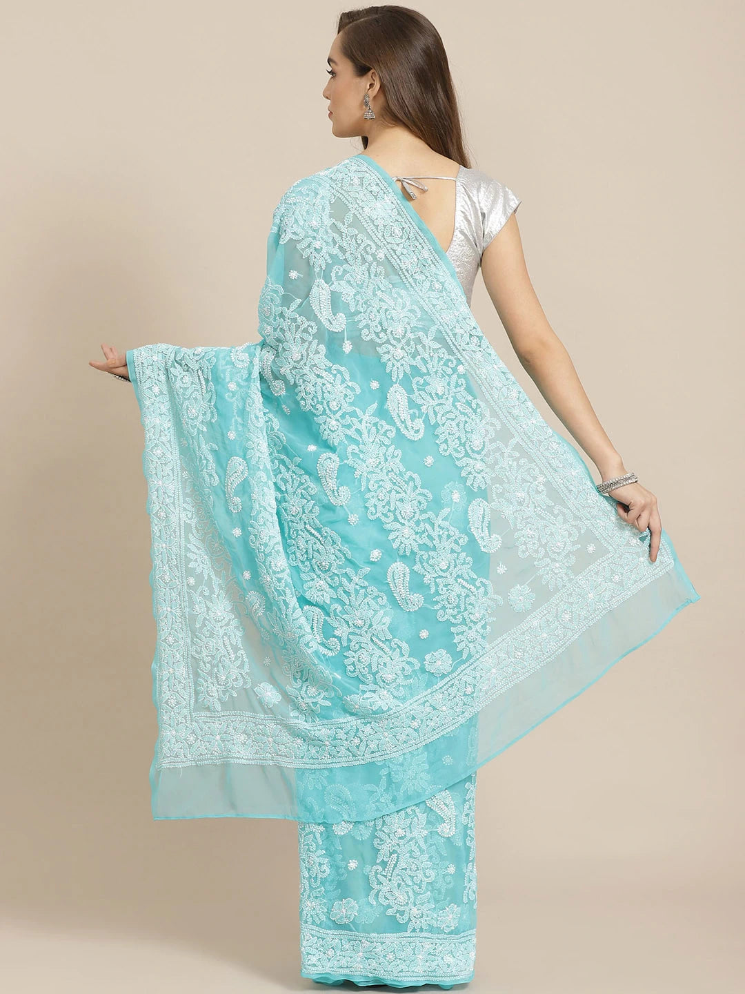 Ada Hand Embroidered Turquoise Blue Georgette Lucknow Chikan Saree With Blouse-A311298