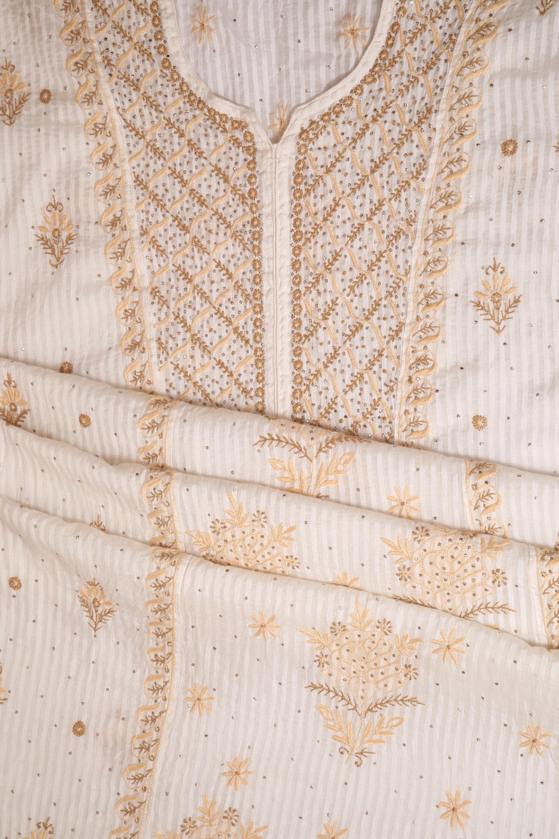 Ada Hand Embroidered White Chanderi Lucknowi Chikankari Semi-stitched Kurta Dupatta Set With Muqaish Work 01A136886