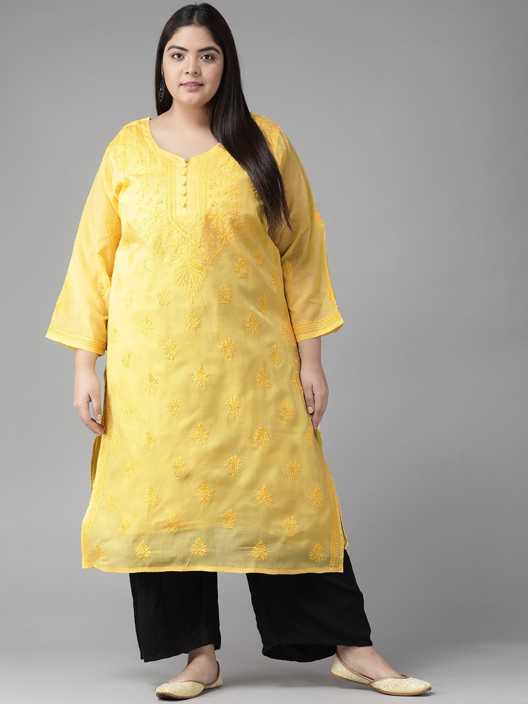 Ada Hand Embroidered Yellow Cotton Lucknowi Chikankari Straight Kurta A231421