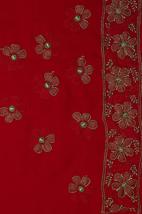Ada Hand Embroidered Red Georgette Lucknowi Chikankari Saree with Blouse A630390