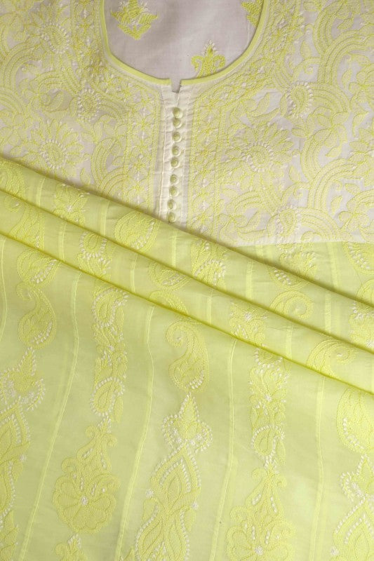 Ada Hand Embroidered Lemon Cotton Lucknowi Chikan Semi-stitched Suit Piece- A579191