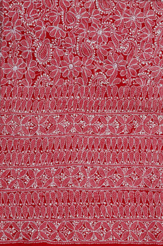 Ada Hand Embroidered Red Georgette Chikan Unstitched Kurta Piece-A315132