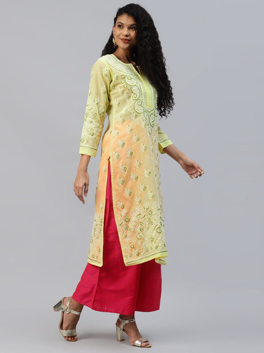 Ada Hand Embroidered Lemon Cotton Lucknowi Chikankari Straight Kurta A221005