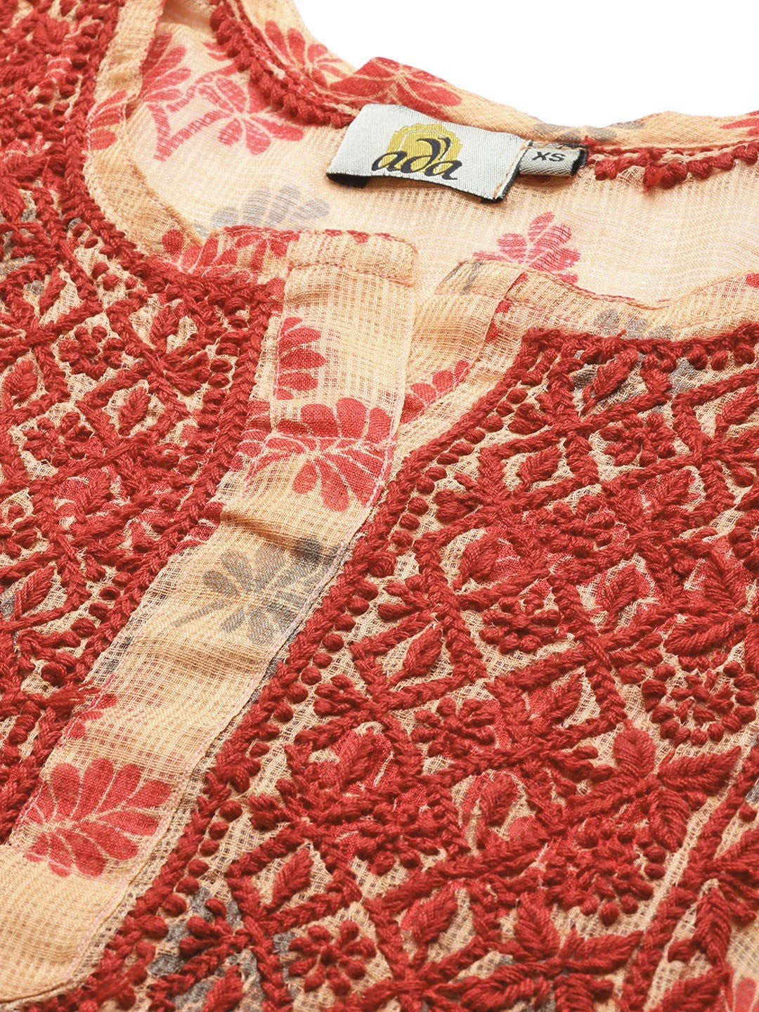 ADA Hand Embroidered Peach Kota Lucknowi Chikankari Kurti A911141