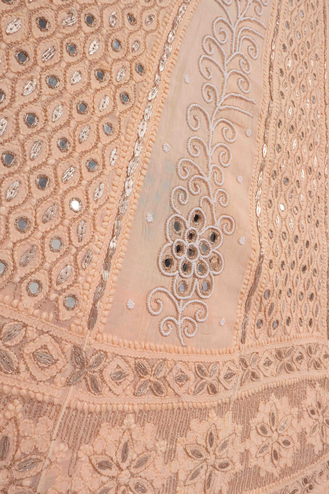 Ada Hand Embroidered Light Peach Georgette Lucknowi Chikankari Semi-Stitched Anarkali Kurta Dupatta Set With Gota Patti Work 01A135120