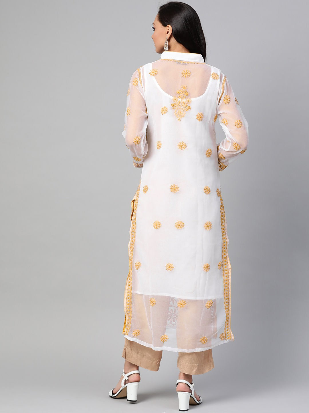 Ada Hand Embroidered White Faux Georgette Lucknowi Chikan Straight Kurta with Slip– A100409