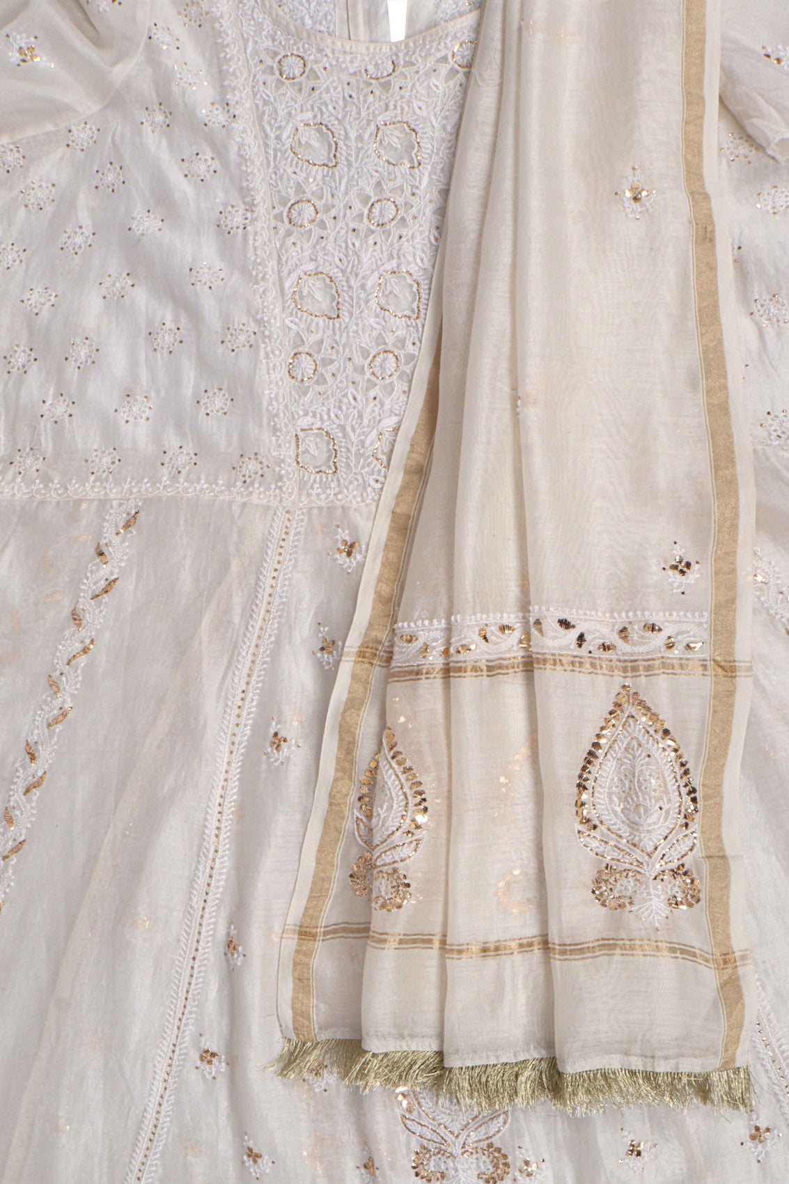 Ada Hand Embroidered Off White Chanderi Lucknowi Chikankari Semi Stitched Anarkali Kurta Dupatta Set With Muqaish Work 01A107812