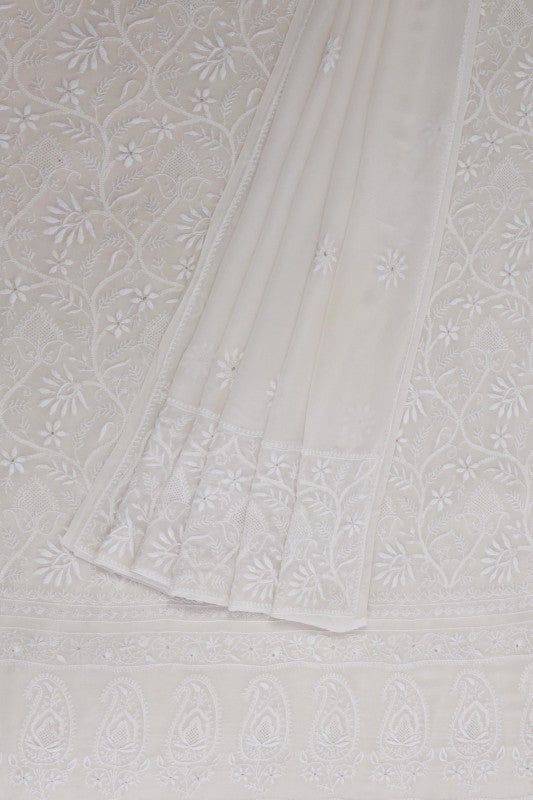 Ada Hand Embroidered White Pure Georgette Lucknowi Chikan Unstitched Kurta Dupatta Set- A511809