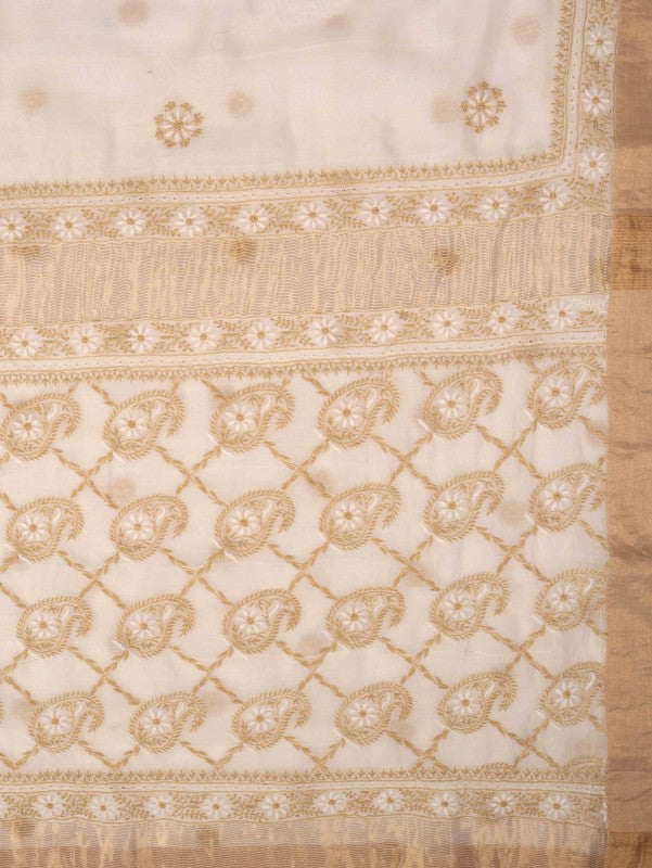 Ada Hand Embroidered Cream Chanderi Lucknowi Chikankari Saree With Blouse A606182
