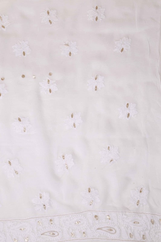 Ada Hand Embroidered White Georgette Chikan Unstitched Kurta Piece- A619732