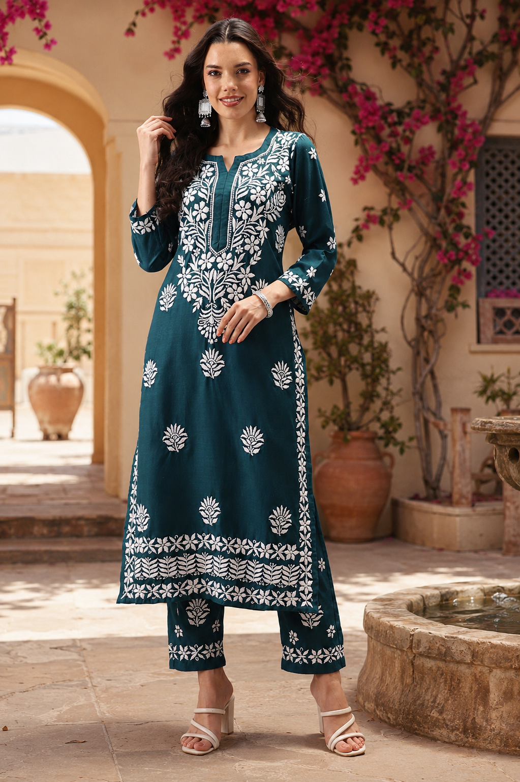 Ada Hand Embroidered Peacock Blue cotton Lucknowi Chikankari Co-Ord Set A811260