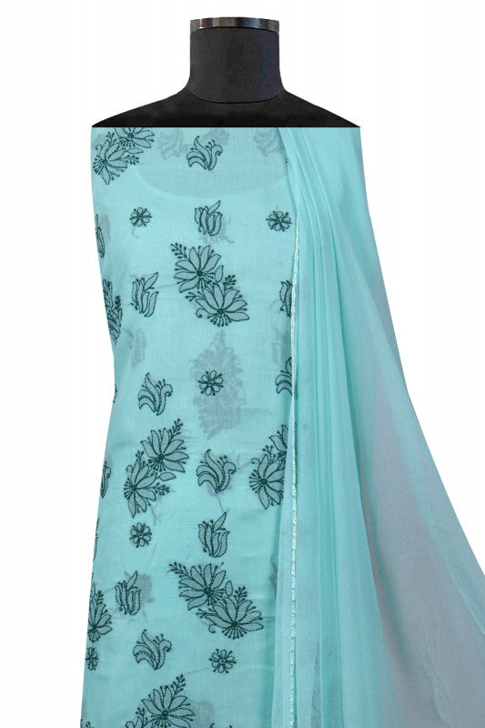 Ada Hand Embroidered Sea Green Cotton Lucknowi Chikan Unstitched Suit Piece A347806
