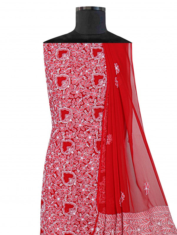 Ada Hand Embroidered Red Georgette Lucknowi Chikan Unstitched Suit Piece A491155