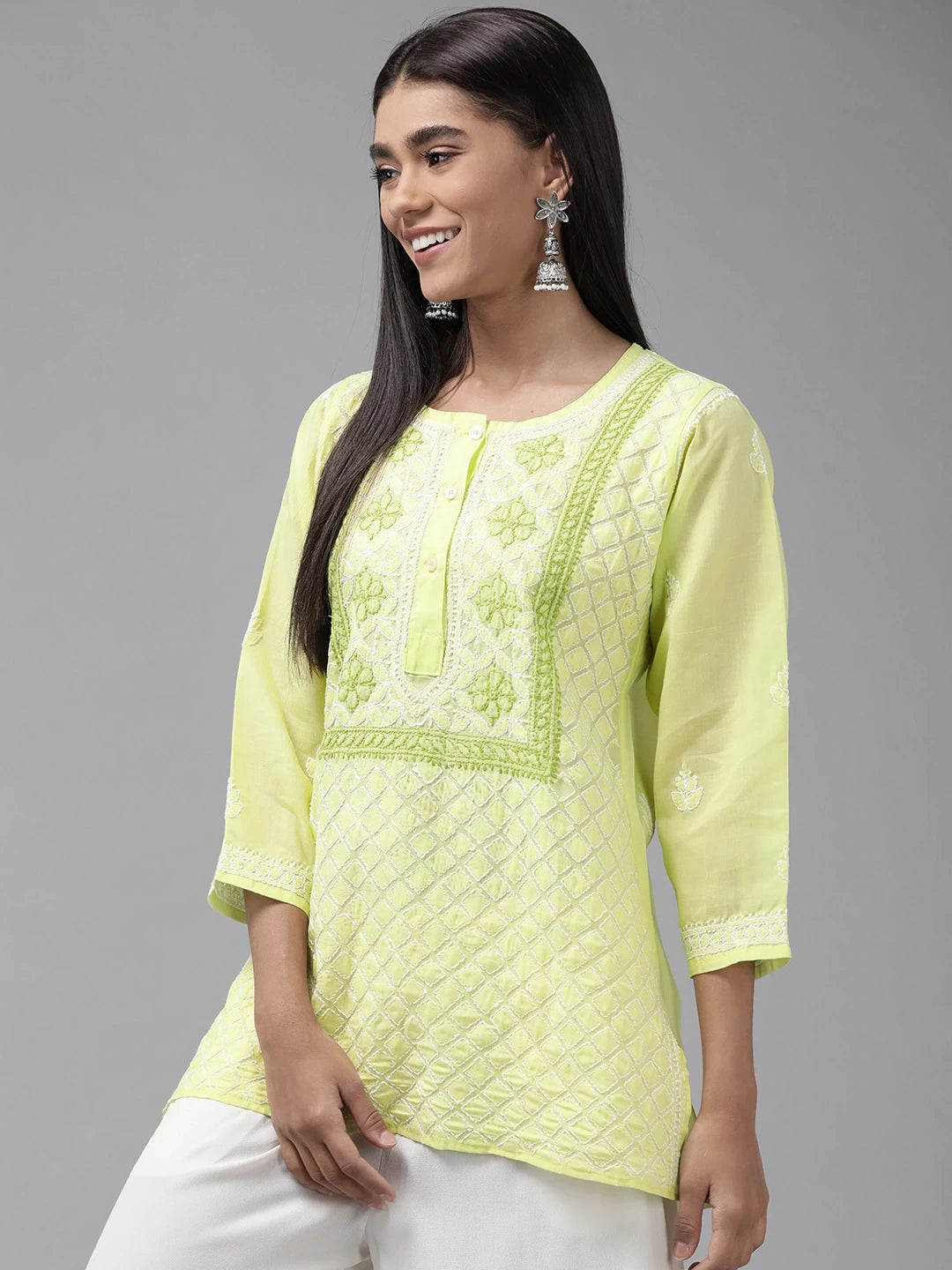 Ada Hand Embroidered Green Cotton Lucknowi Chikankari Straight Kurti A911247