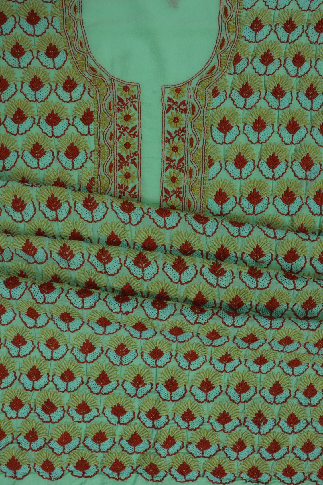 Ada Hand Embroidered Green Pure Georgette Lucknowi Chikankari Unstitched Kurta Dupatta Set A163541