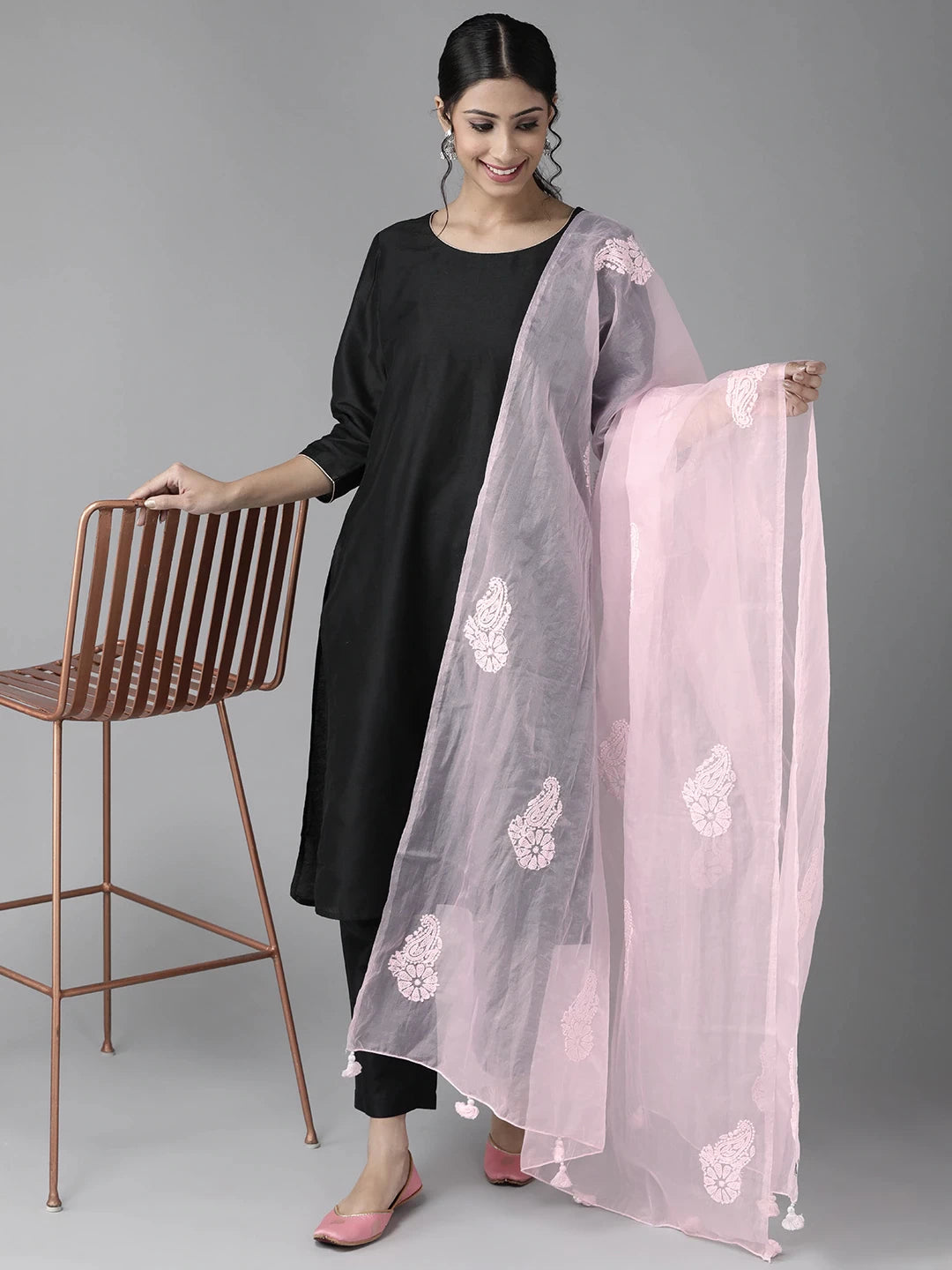 Ada Hand Embroidered Pink Organza Lucknowi Chikankari Dupatta- A511170
