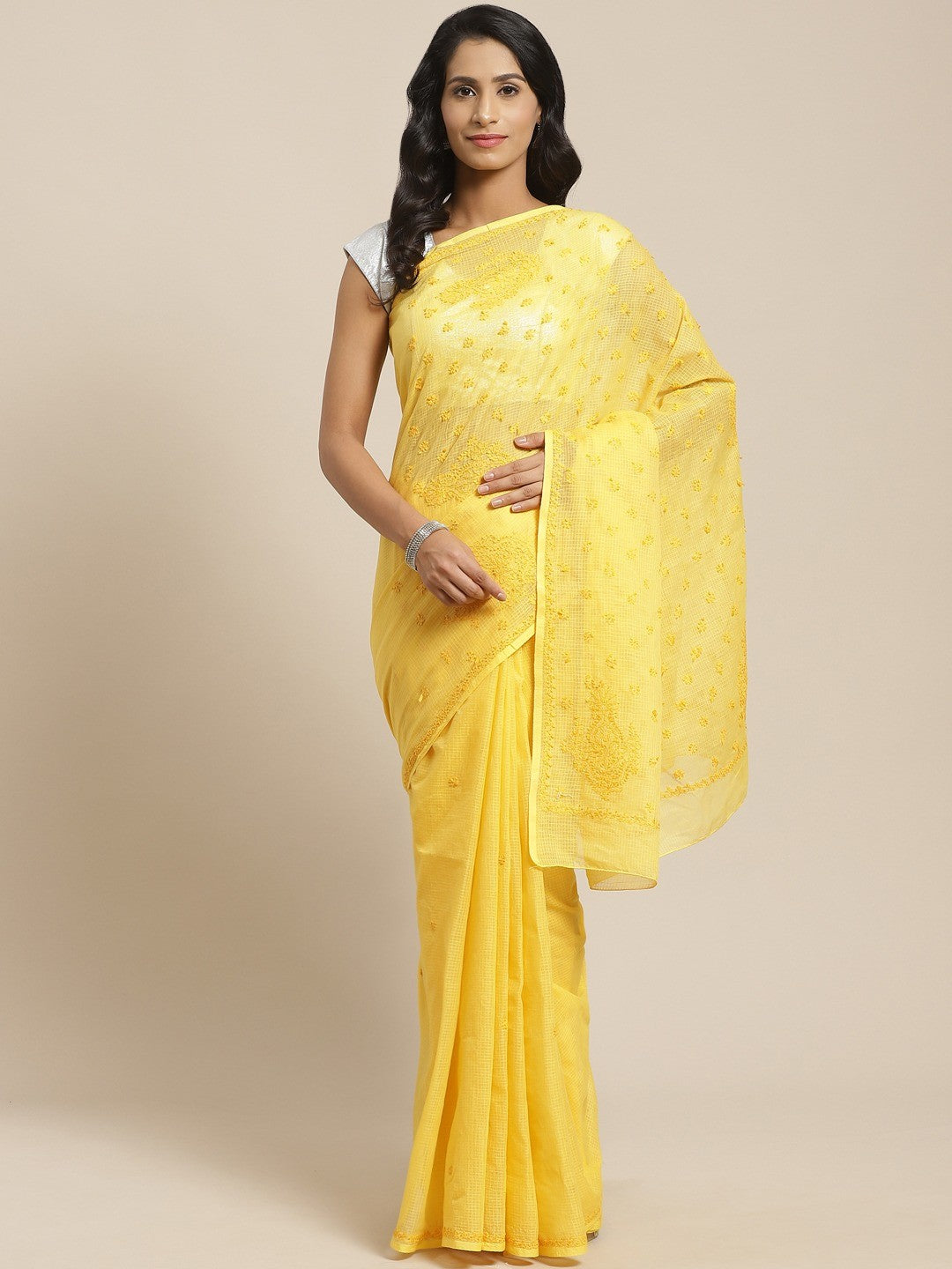 Ada Hand Embroidered Yellow Kota Lucknow Chikan Saree With Blouse- A311111