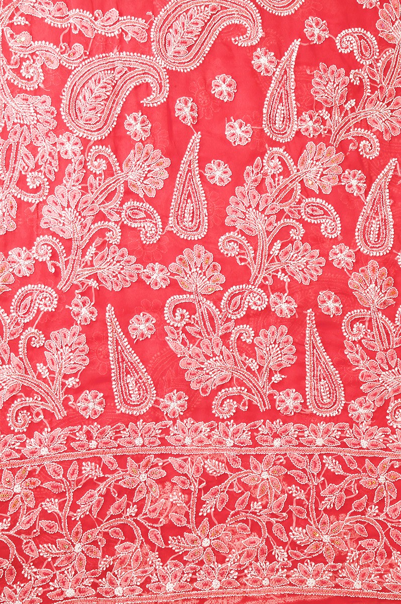 Ada Hand Embroidered Carrot Pink Georgette Lucknowi Chikankari Saree/Blouse With Pearl Work A599489