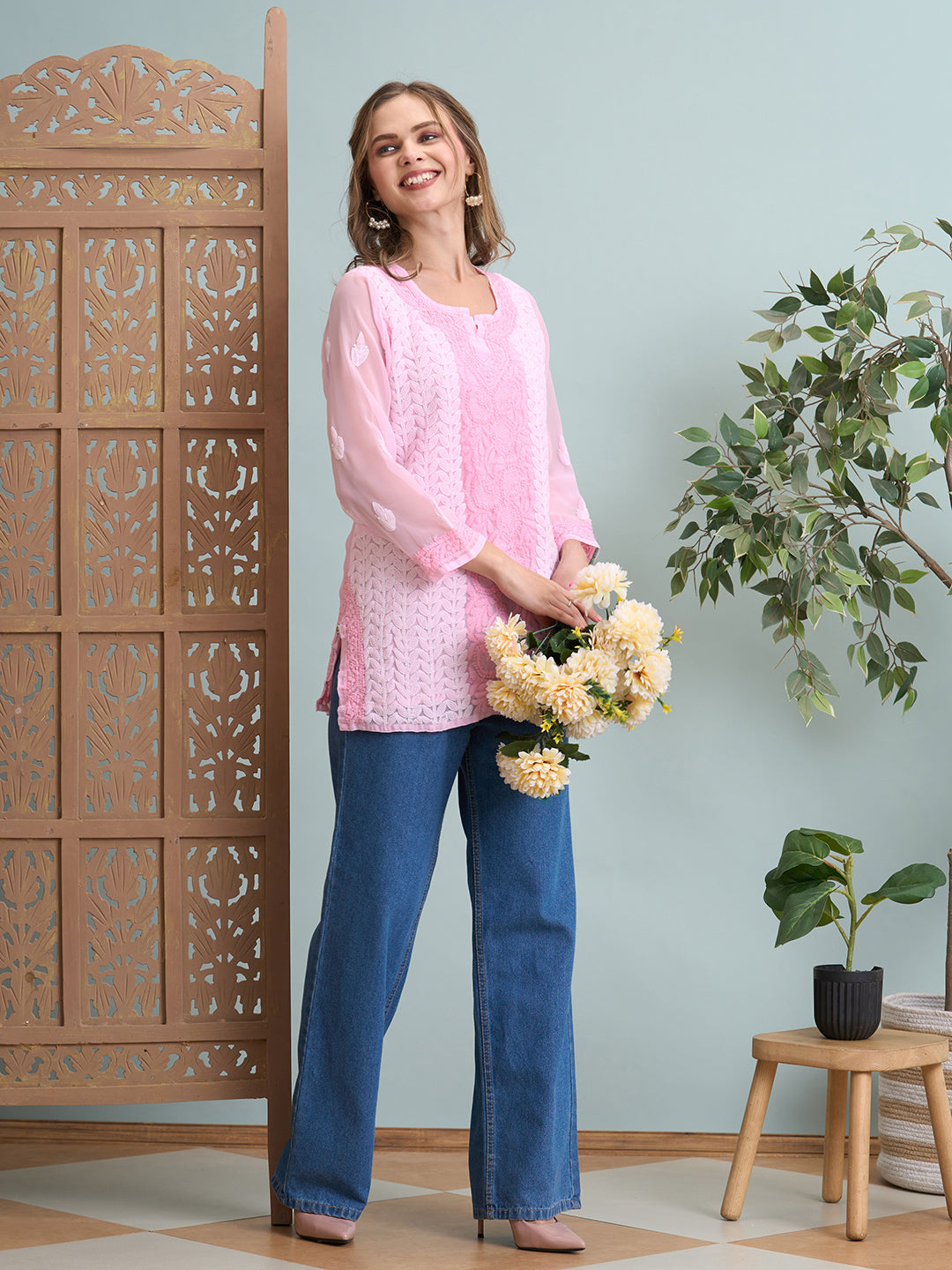 Ada Hand Embroidered Pink Georgette Lucknowi Chikankari Short Kurti A911515