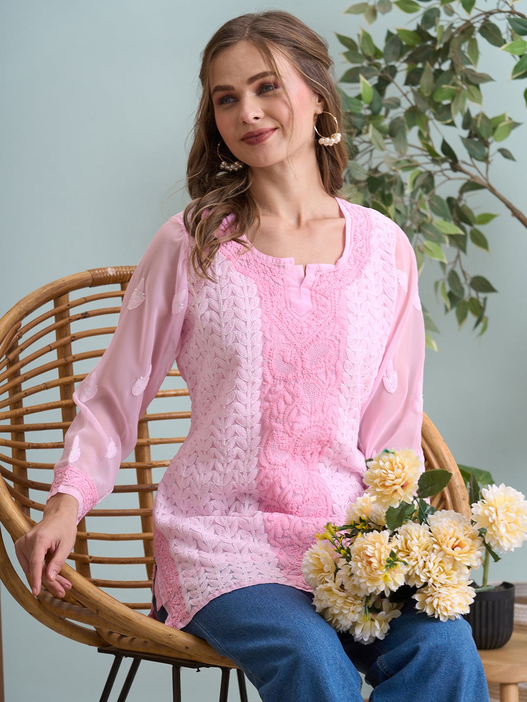 Ada Hand Embroidered Pink Georgette Lucknowi Chikankari Short Kurti A911515