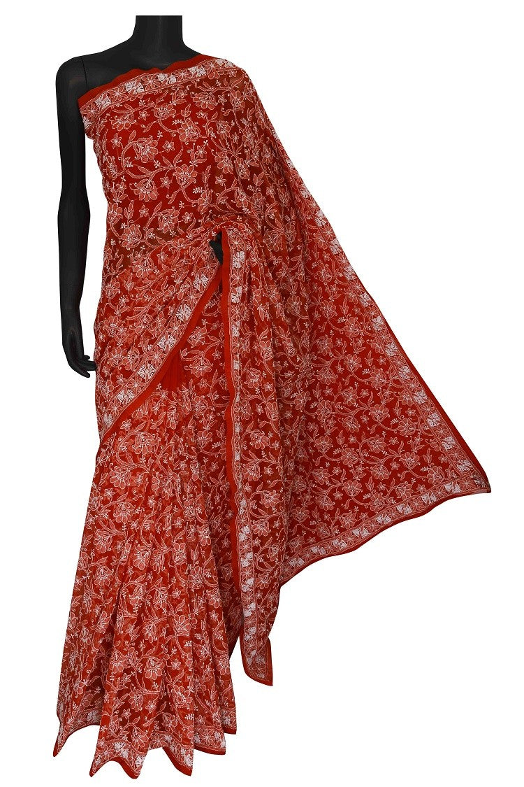 Ada Hand Embroidered Red Georgette Lucknowi Chikankari Saree with Blouse A599654